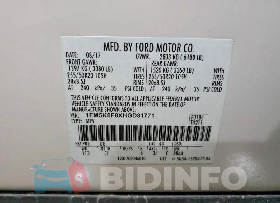 1FM5K8F8XHGD81771 Photo# 13