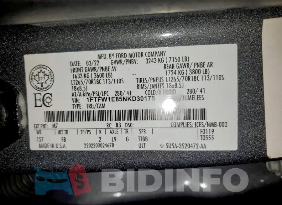 1FTFW1E85NKD30175 Photo# 12