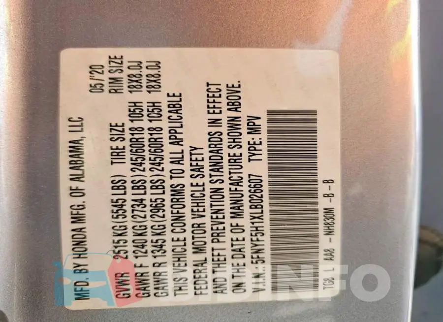 5FNYF5H1XLB026607 Photo# 11