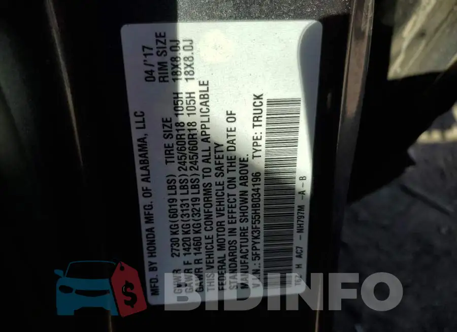 5FPYK3F55HB034196 Photo# 12