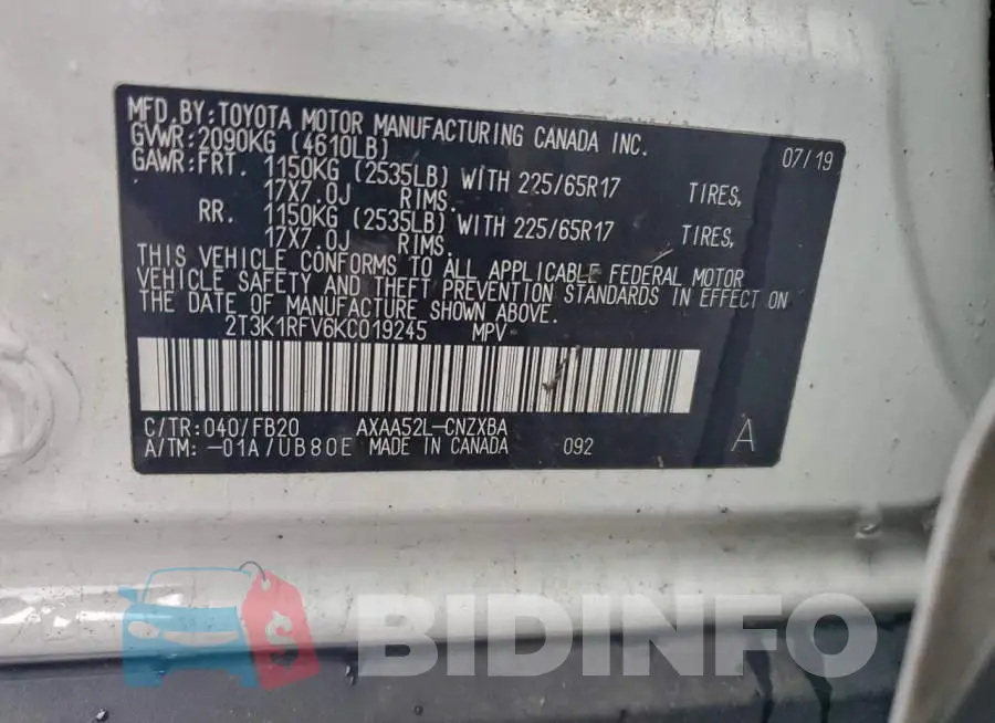 2T3K1RFV6KC019245 Photo# 13