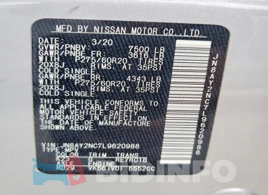 JN8AY2NC7L9620988 Photo# 13