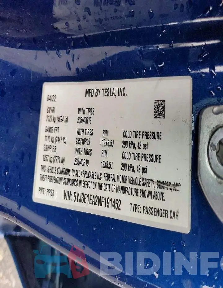 5YJ3E1EA2NF191452 Photo# 12