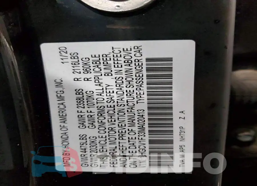 1HGCV1F33MA020413 Photo# 12
