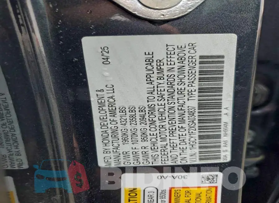 1HGCY1F2XSA034837 Photo# 12