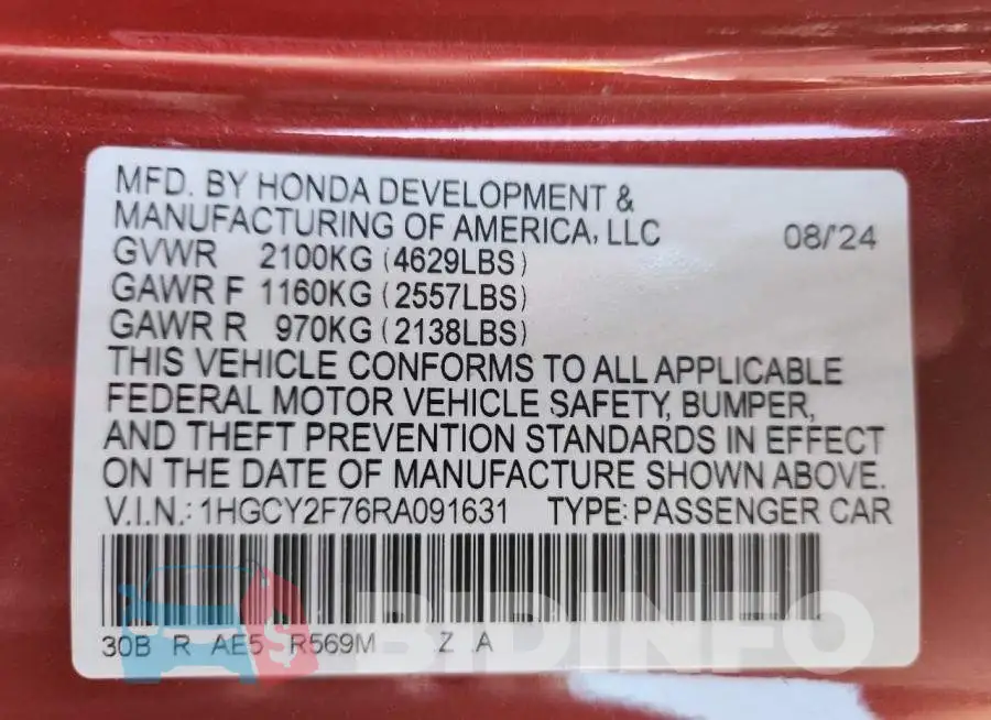 1HGCY2F76RA091631 Photo# 12