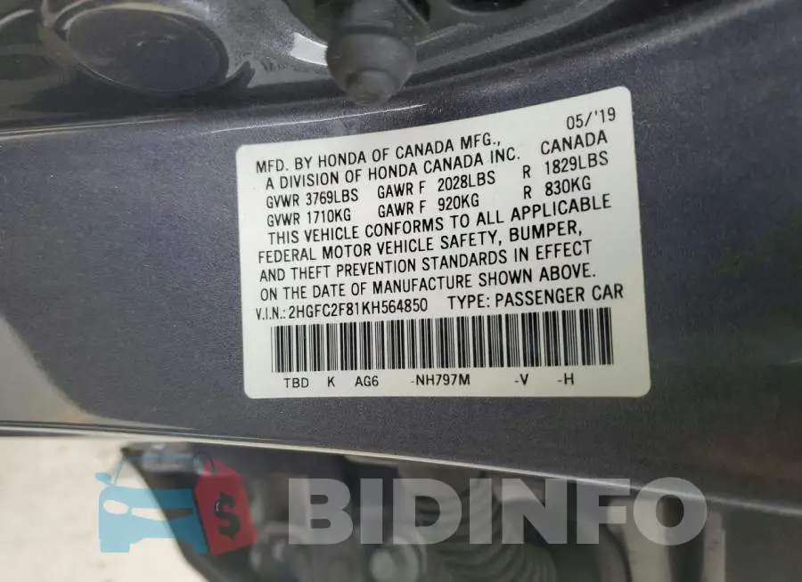 2HGFC2F81KH564850 Photo# 12