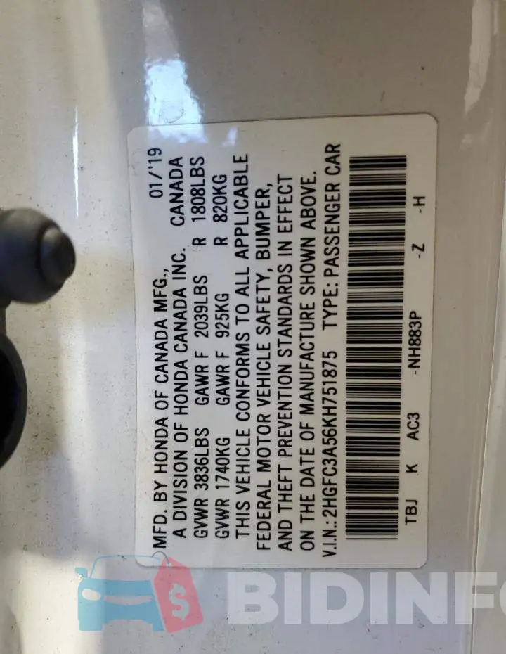 2HGFC3A56KH751875 Photo# 12
