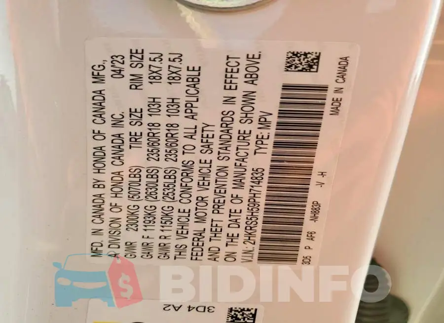 2HKRS5H59PH714835 Photo# 13