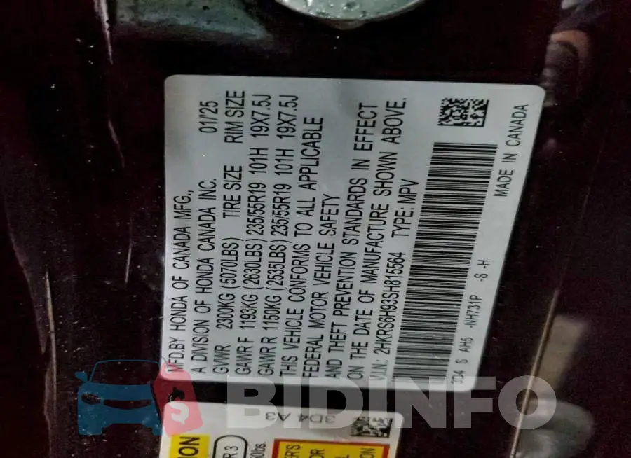 2HKRS6H93SH815564 Photo# 13