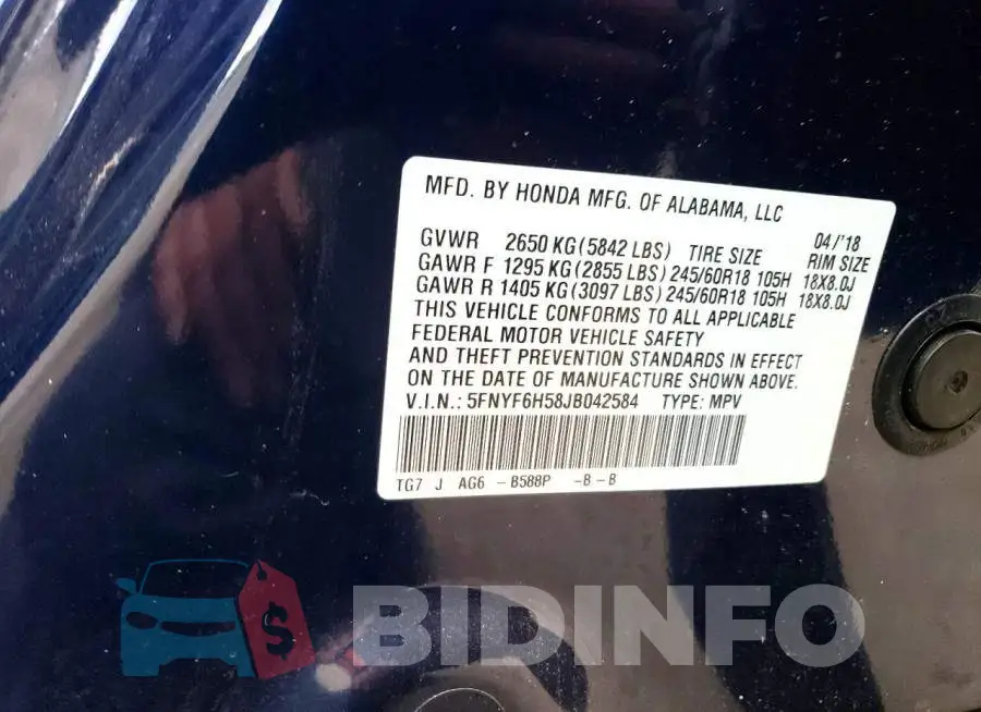 5FNYF6H58JB042584 Photo# 13