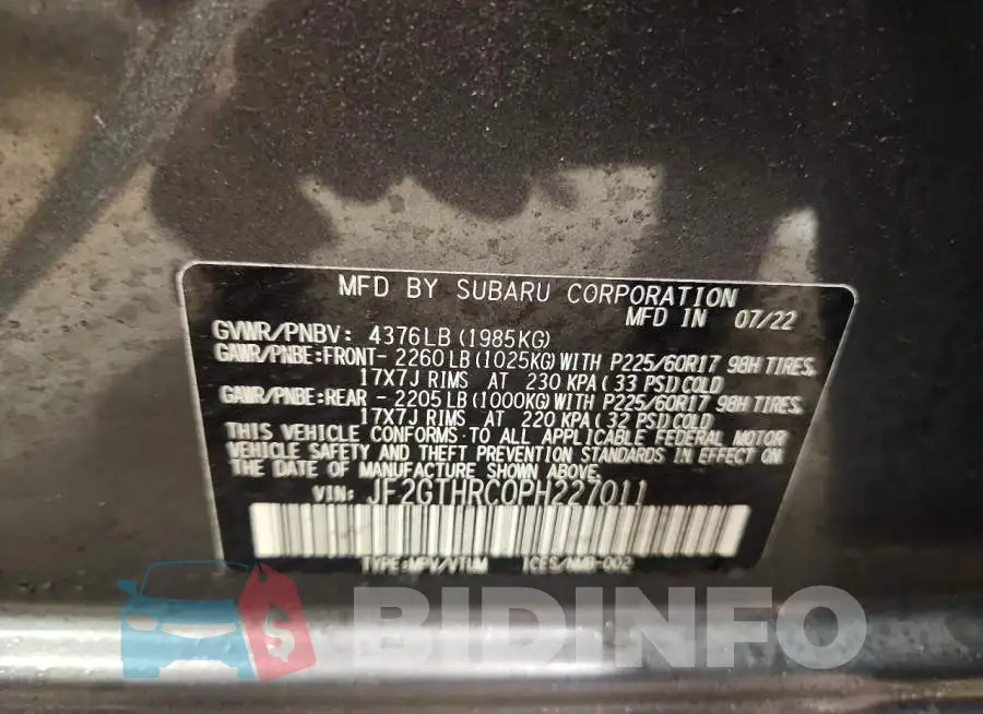 JF2GTHRC0PH227011 Photo# 13