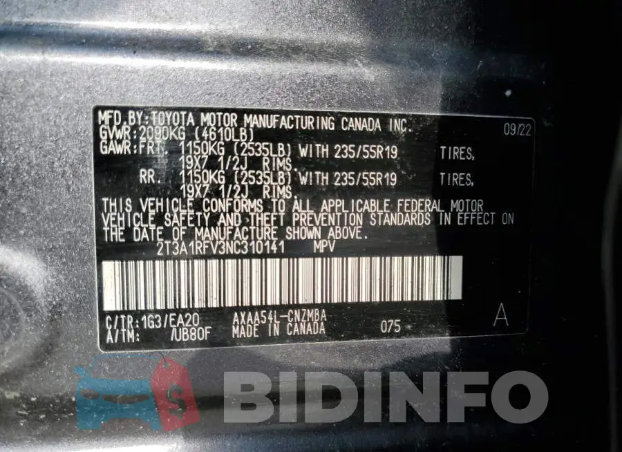 2T3A1RFV3NC310141 Photo# 13