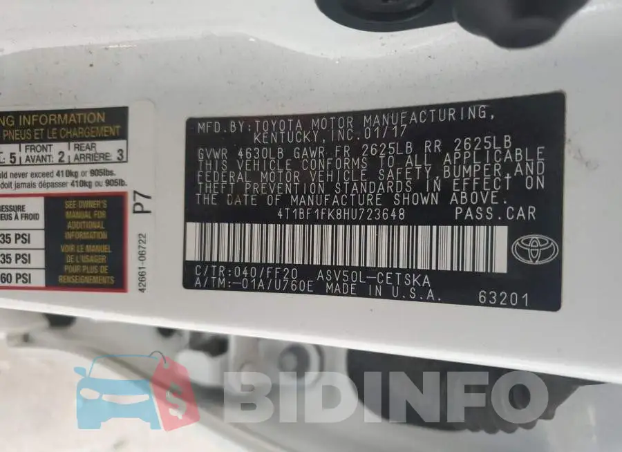 4T1BF1FK8HU723648 Photo# 12