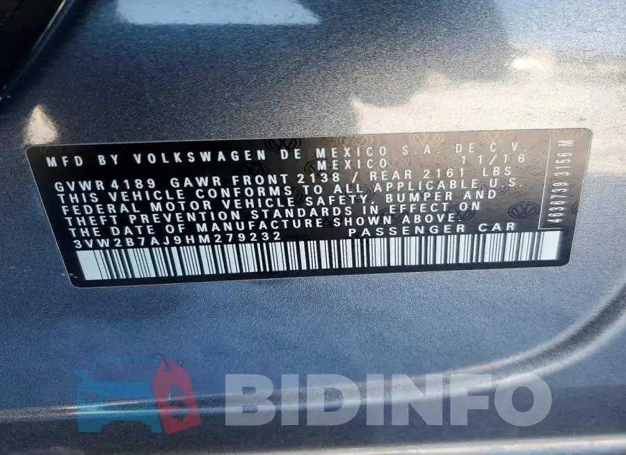 3VW2B7AJ9HM279232 Photo# 12