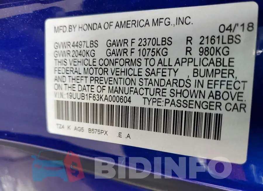 19UUB1F63KA000604 Photo# 12