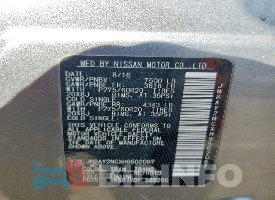 JN8AY2NCXH9502067 Photo# 13