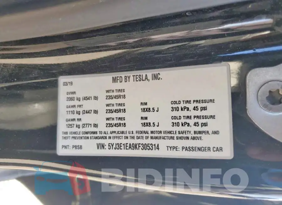 5YJ3E1EA9KF305314 Photo# 12