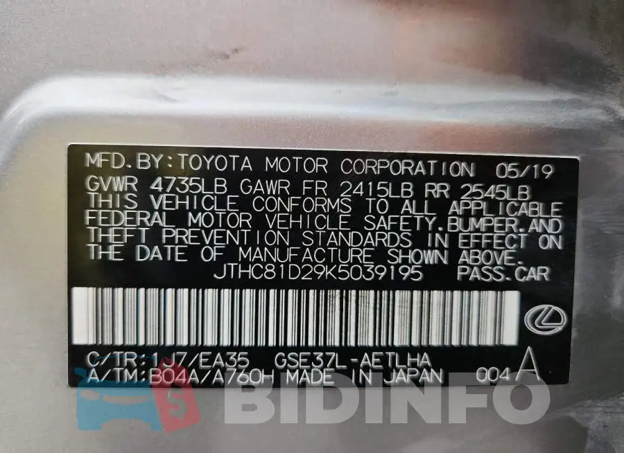 JTHC81D29K5039195 Photo# 12