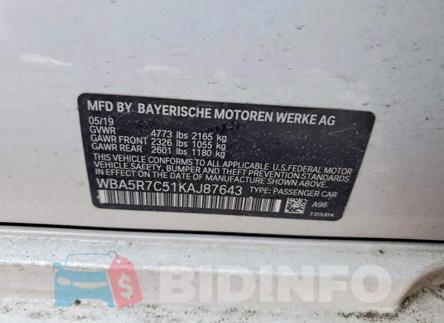 WBA5R7C51KAJ87643 Photo# 12
