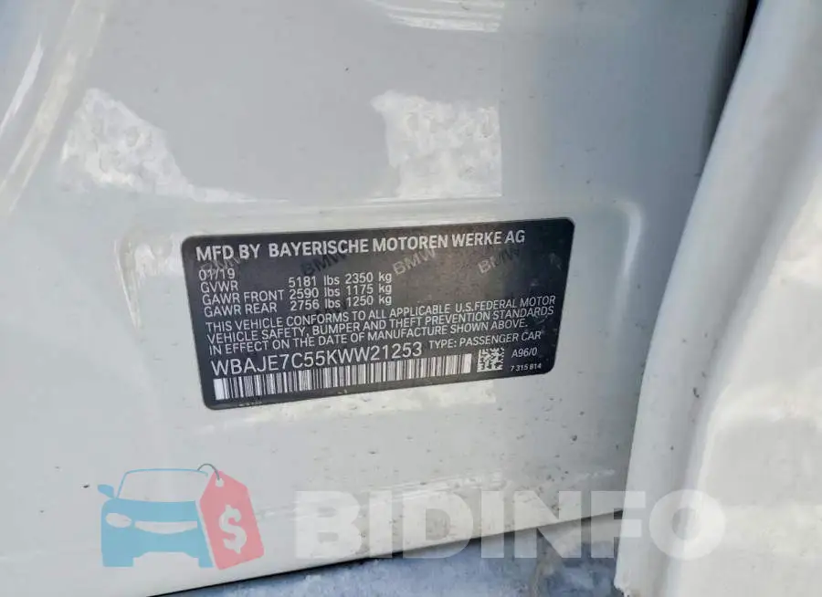 WBAJE7C55KWW21253 Photo# 12