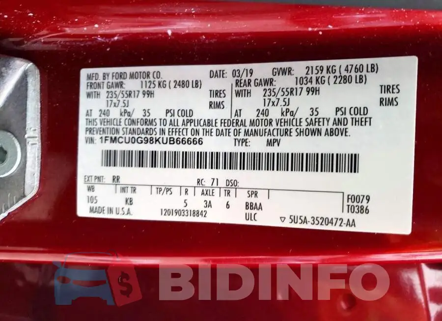 1FMCU0G98KUB66666 Photo# 13