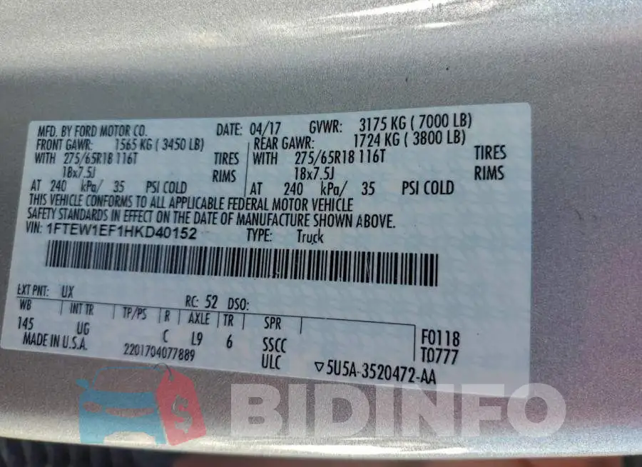 1FTEW1EF1HKD40152 Photo# 12