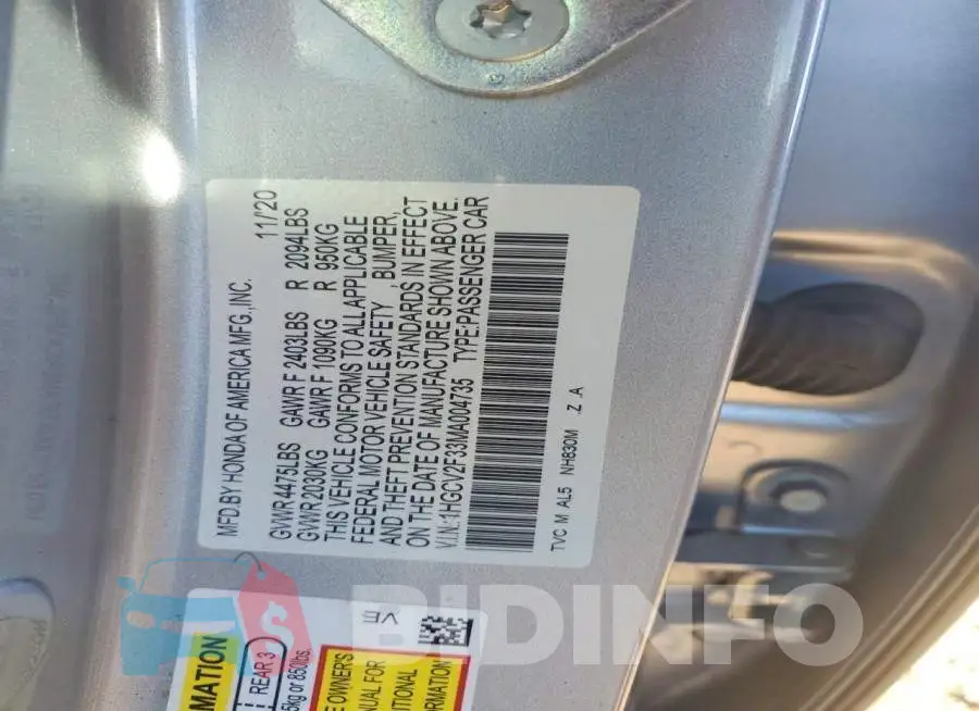 1HGCV2F33MA004735 Photo# 12