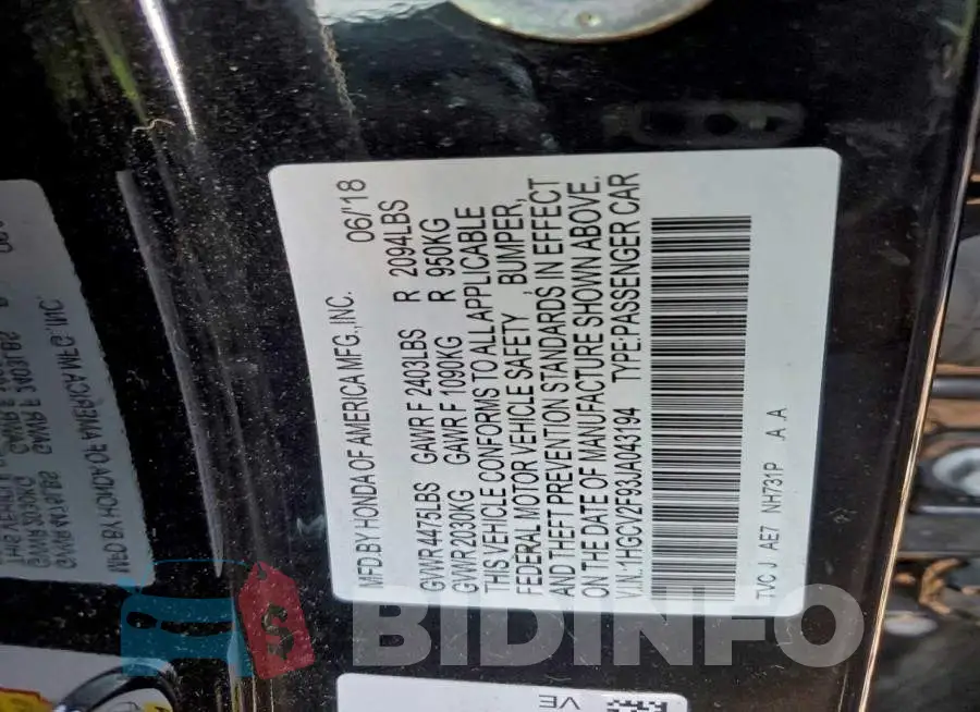 1HGCV2F93JA043194 Photo# 12