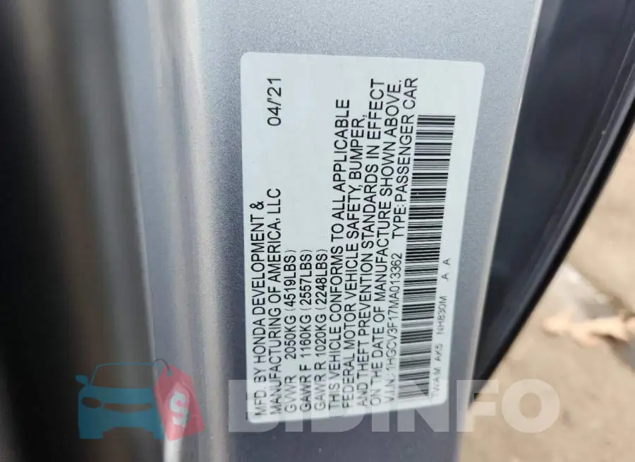 1HGCV3F17MA013362 Photo# 12