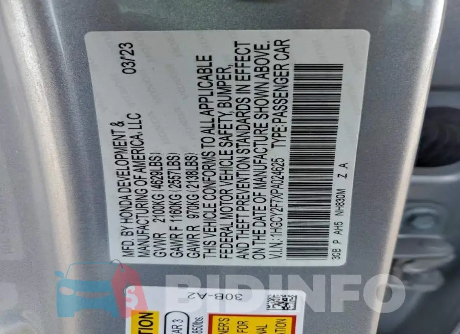 1HGCY2F7XPA024625 Photo# 12