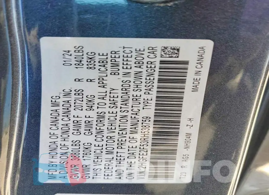 2HGFE2F53RH538759 Photo# 12