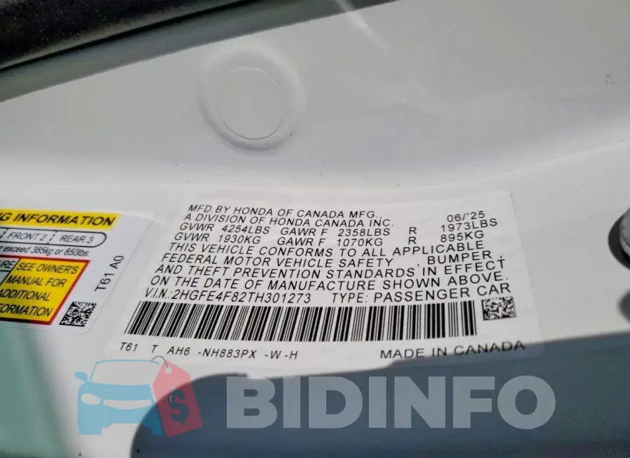 2HGFE4F82TH301273 Photo# 13
