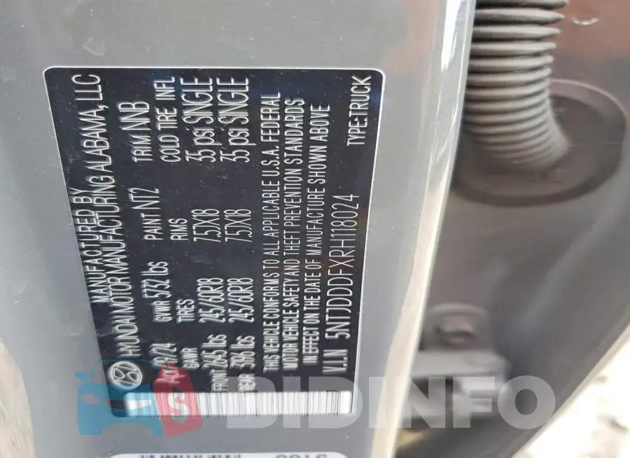 5NTJDDDFXRH118024 Photo# 12