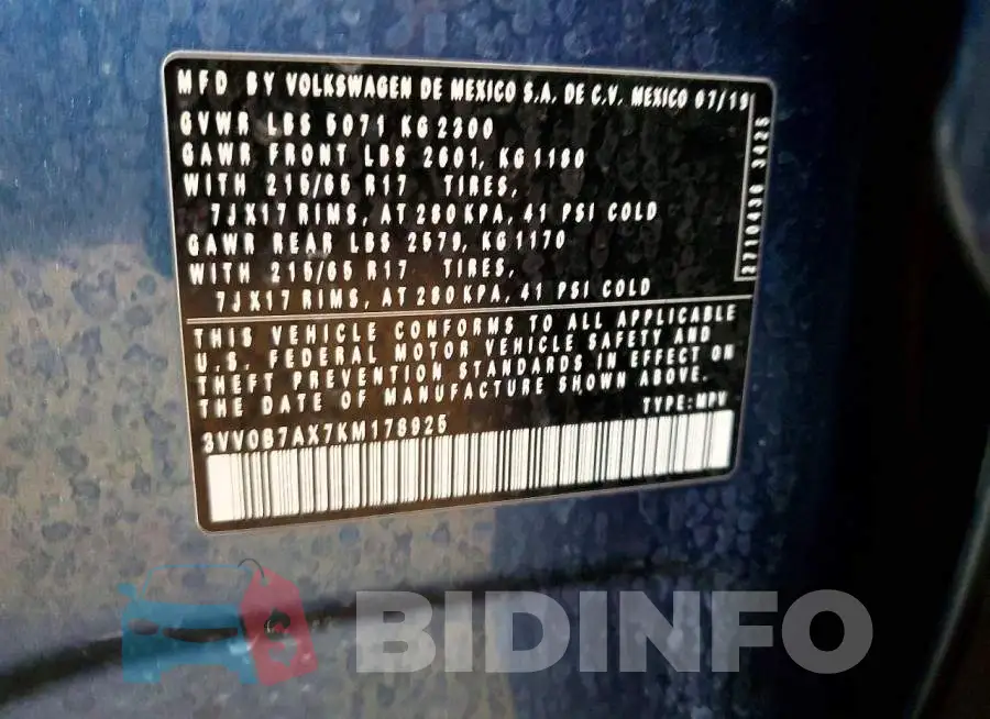 3VV0B7AX7KM178925 Photo# 13