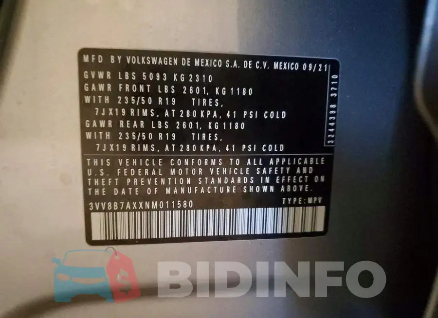 3VV8B7AXXNM011580 Photo# 13
