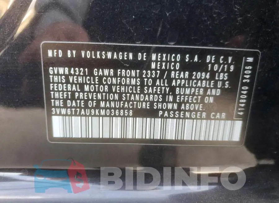3VW6T7AU9KM036858 Photo# 12