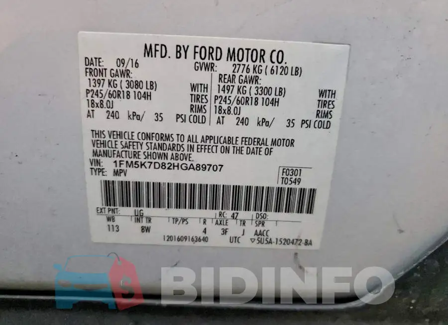 1FM5K7D82HGA89707 Photo# 14