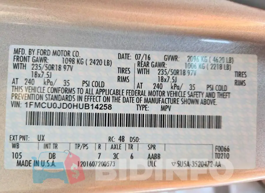 1FMCU0JD0HUB14258 Photo# 13