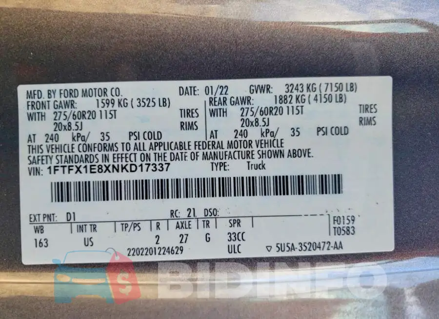 1FTFX1E8XNKD17337 Photo# 12