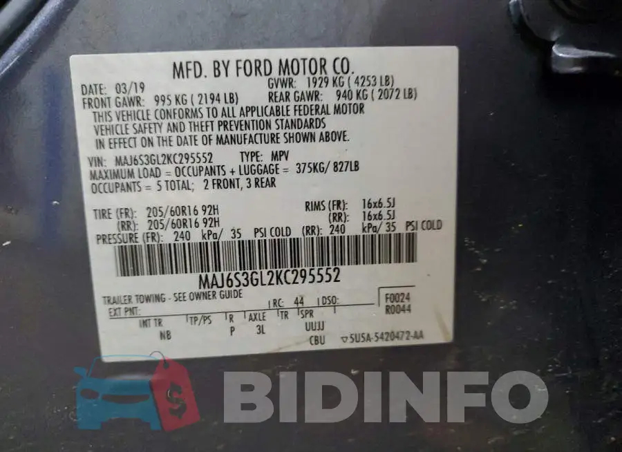 MAJ6S3GL2KC295552 Photo# 13