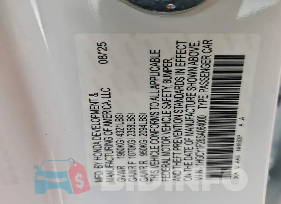 1HGCY1F26SA064000 Photo# 12