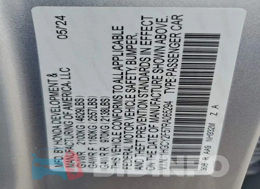 1HGCY2F57RA065294 Photo# 12