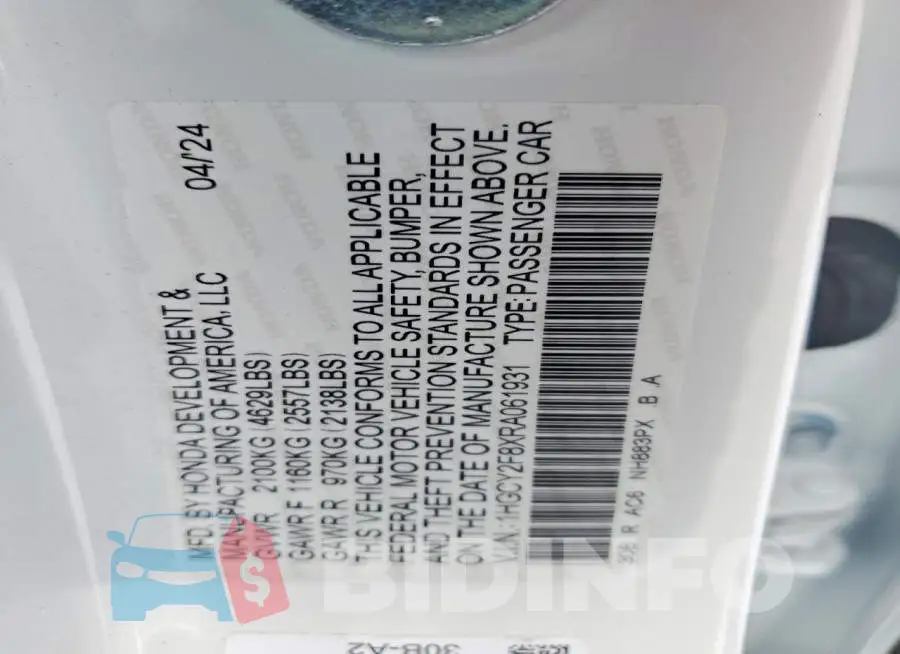1HGCY2F8XRA061931 Photo# 12