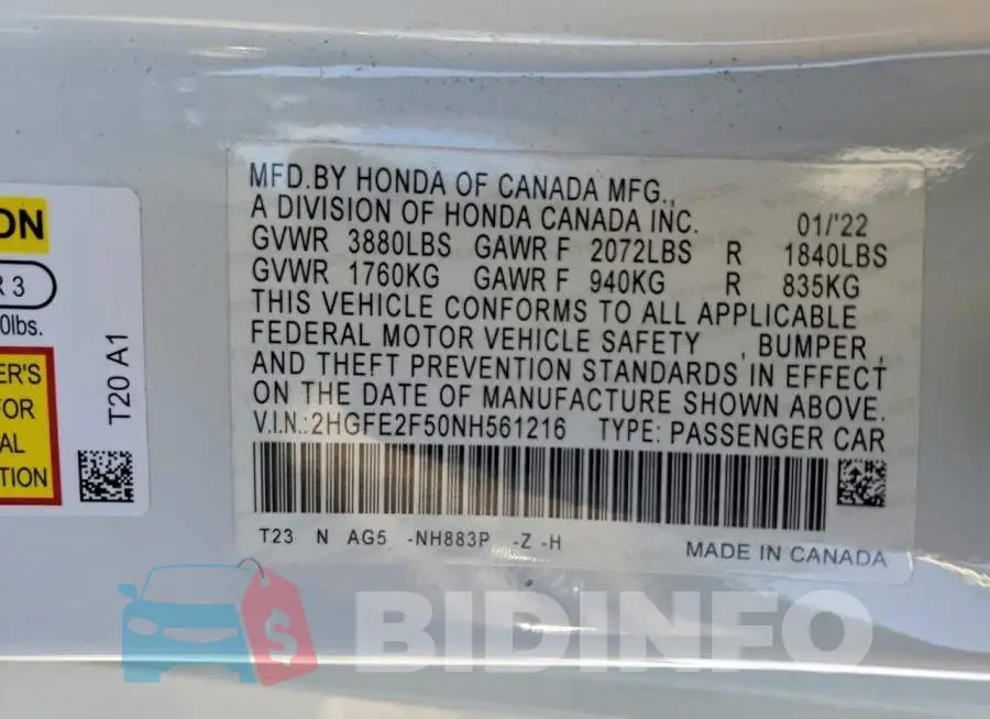 2HGFE2F50NH561216 Photo# 12
