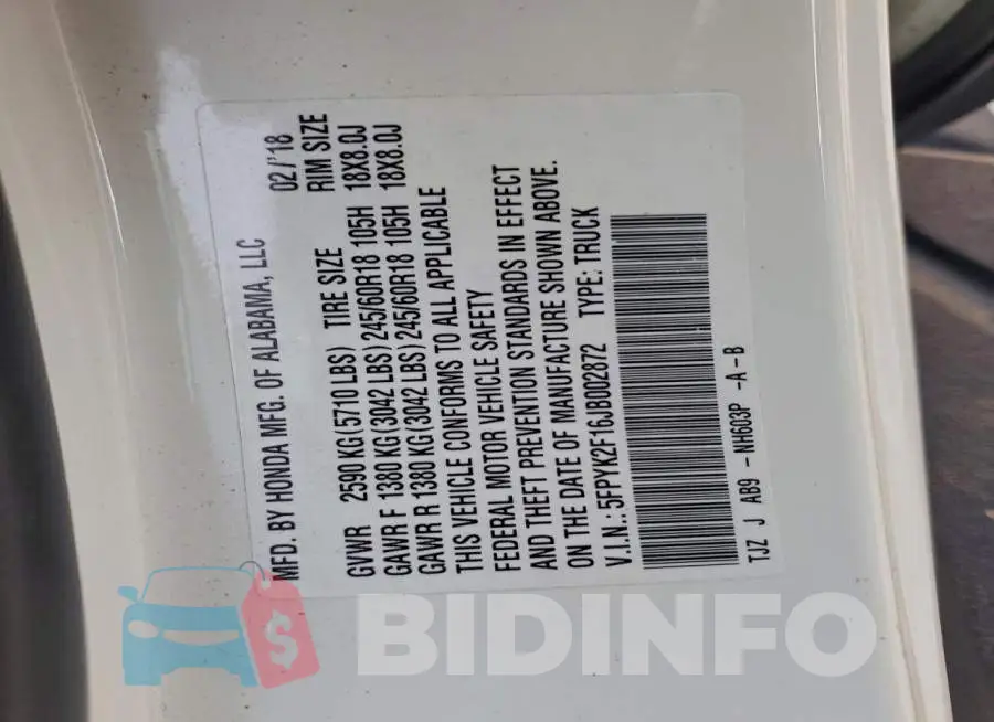 5FPYK2F16JB002872 Photo# 13