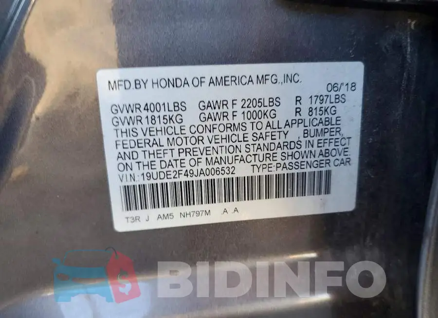 19UDE2F49JA006532 Photo# 13