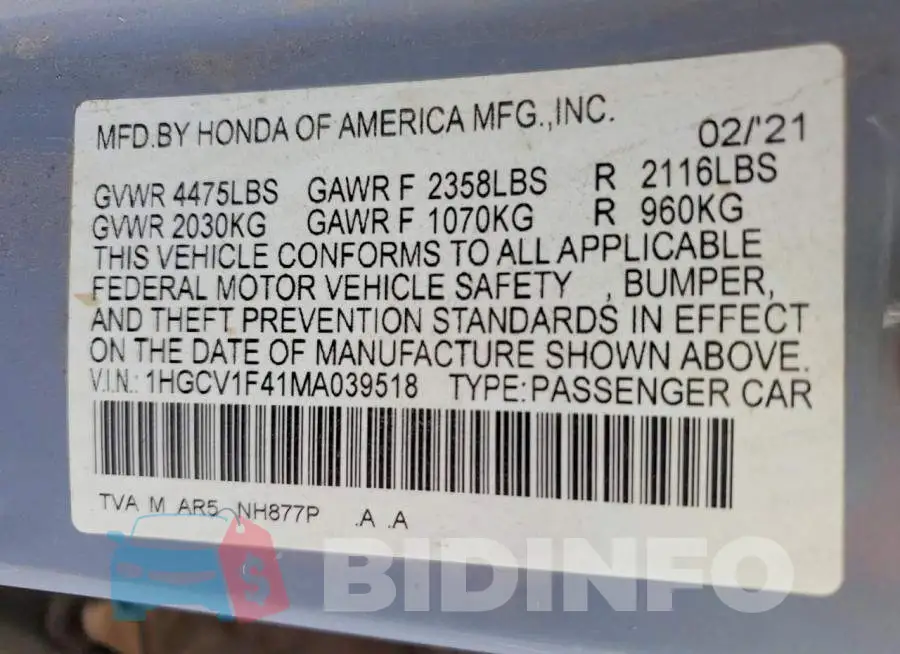1HGCV1F41MA039518 Photo# 13