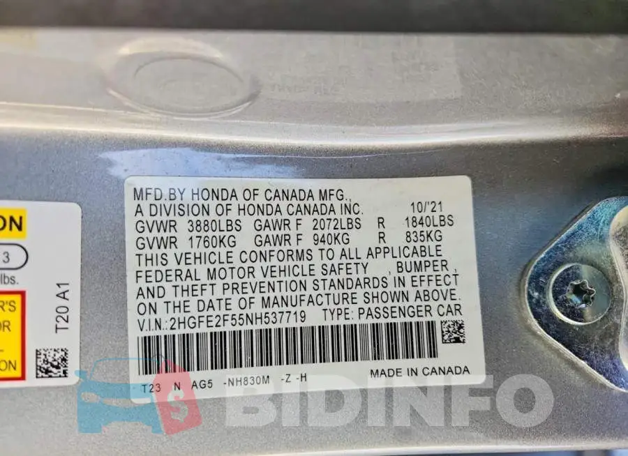 2HGFE2F55NH537719 Photo# 12
