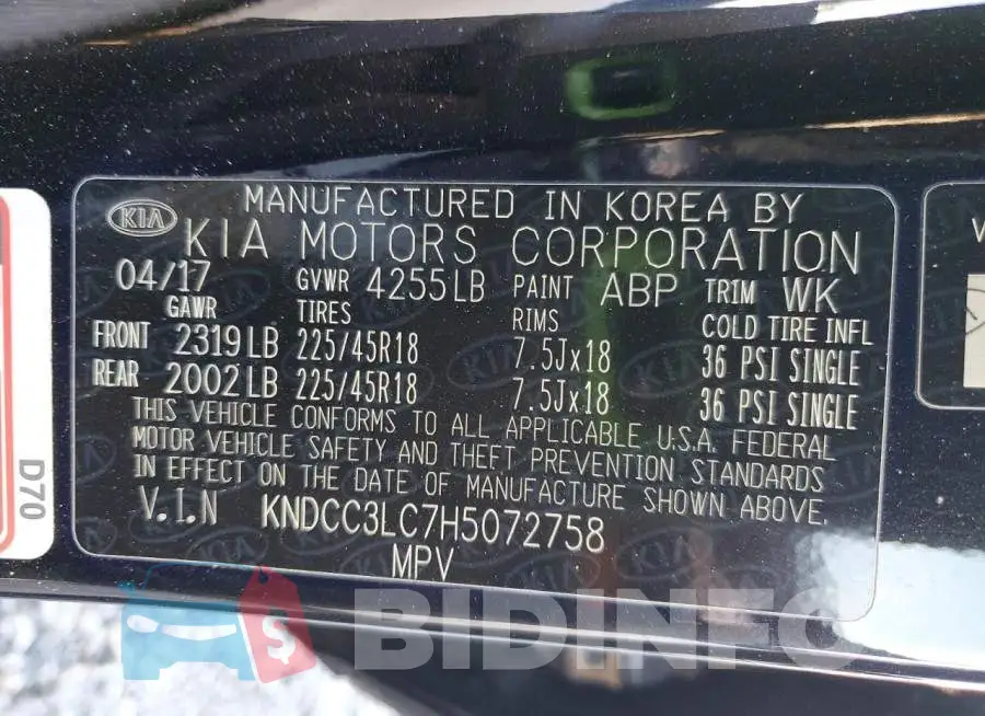 KNDCC3LC7H5072758 Photo# 12
